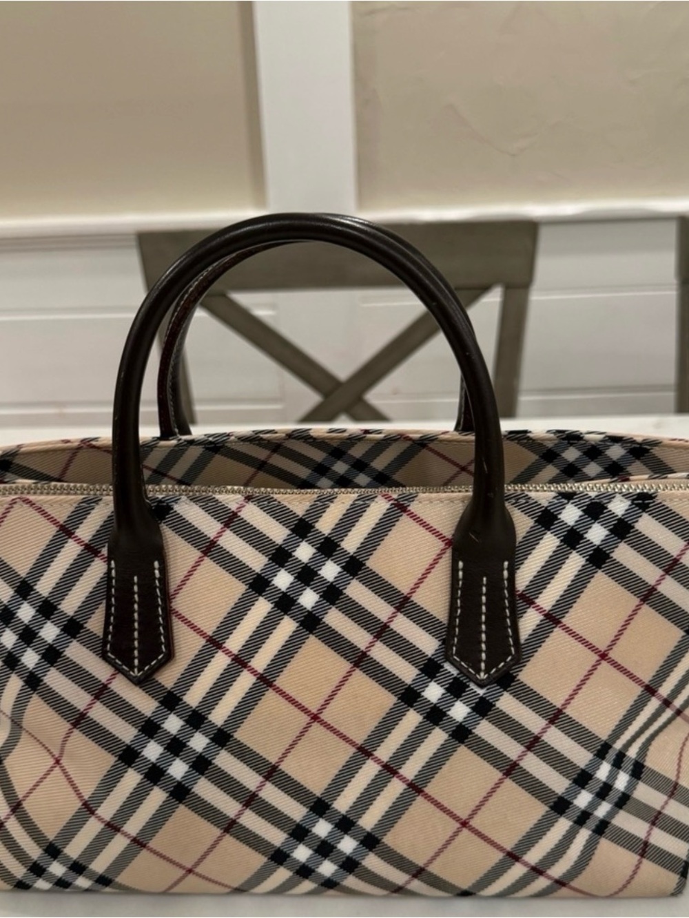 Burberry Beige Check Tote with Dark Brown Leather Handles